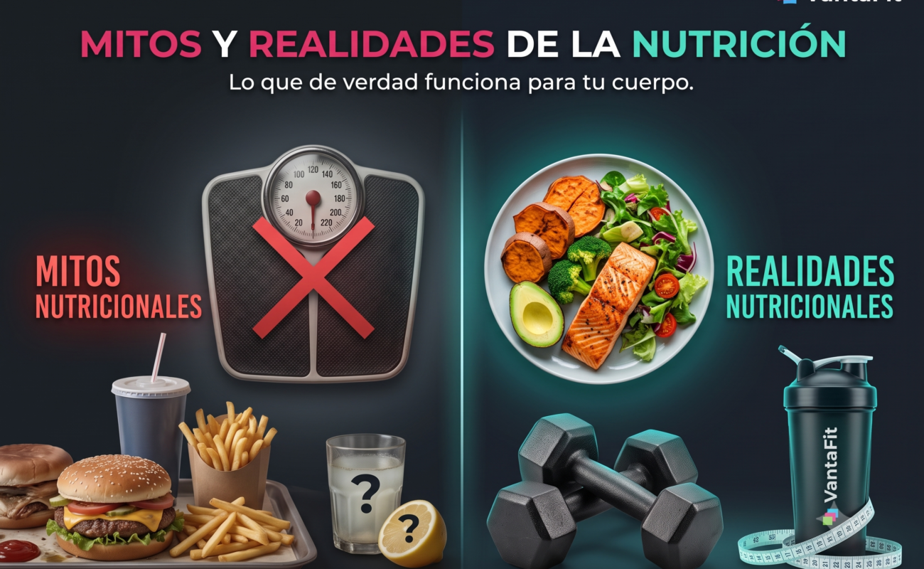 Infografía sobre mitos y realidades de la nutrición deportiva con alimentos saludables y entrenamiento físico.