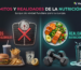 Infografía sobre mitos y realidades de la nutrición deportiva con alimentos saludables y entrenamiento físico.