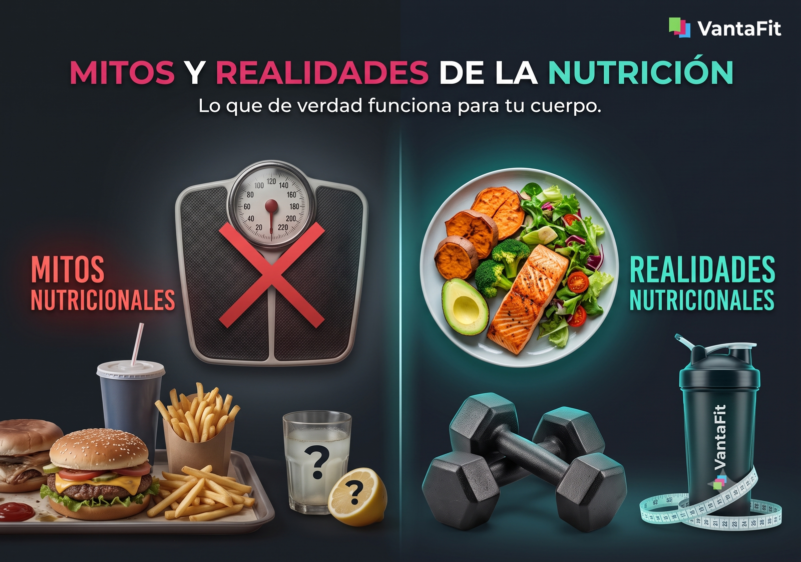 Infografía sobre mitos y realidades de la nutrición deportiva con alimentos saludables y entrenamiento físico.